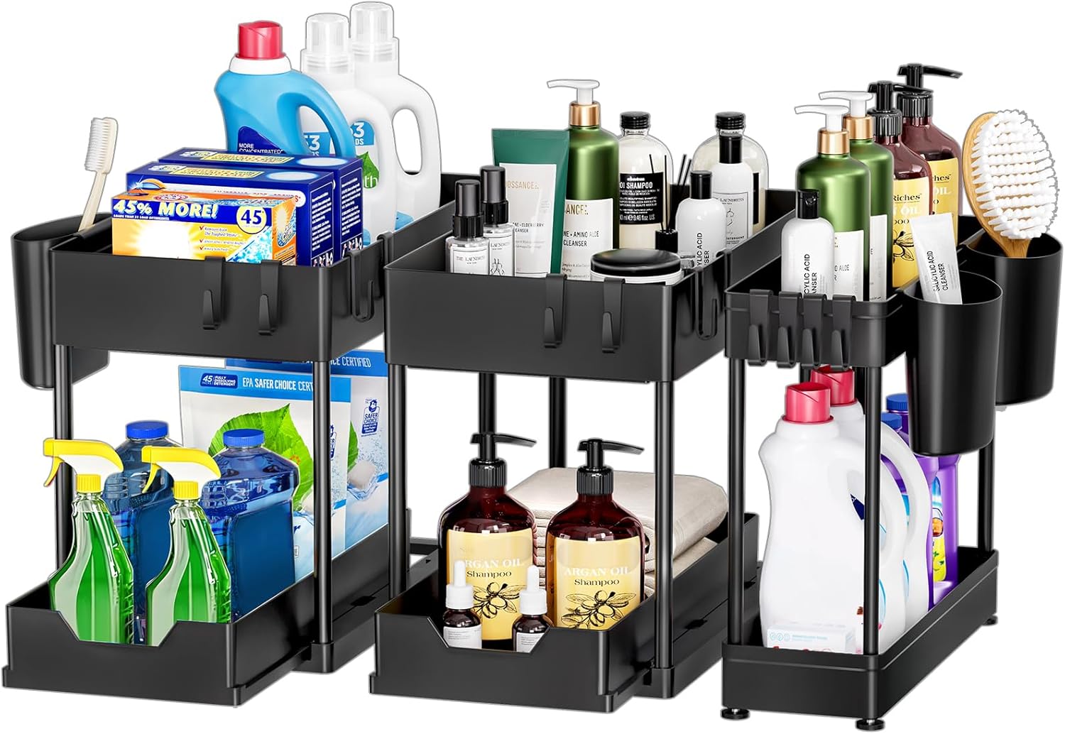 71LkkkuV2BEL._AC_SL1500_-1.jpg Puricon 3 Pack Under Sink Organizer Pull Out Under Sink Storage, 2 Tier Multi-Purpose Sliding Under the Sink Organizer Bathroom Kitchen Sink Organizer Under Cabinet Shelf for Cleaning Supplies - Black - Image 1