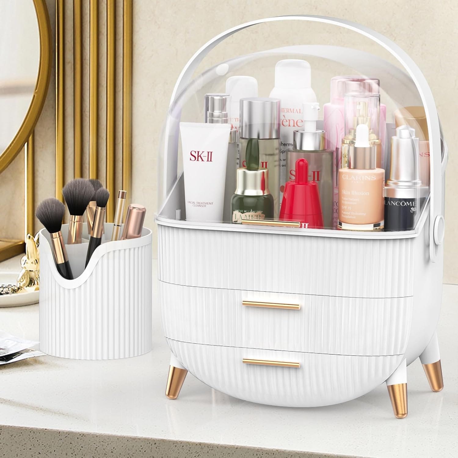 71WyzjrqthL._AC_SL1500_.jpg FORTHEE Makeup Organizer, Cosmetics Organizer Display Case with Two Drawers and Brush Storage Box, Skincare Organizer Box Suitable for Bathroom Countertop - Image 1