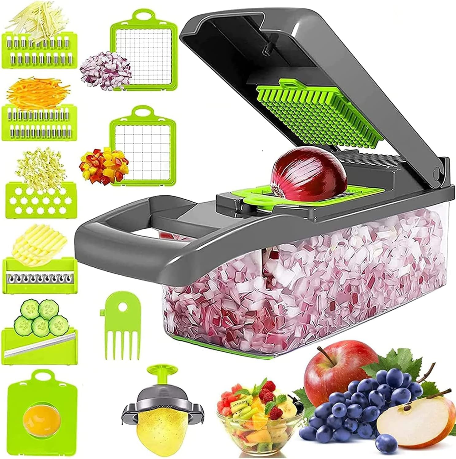 71hv0PhtOML._AC_SL1497_-1.jpg Vegetable Chopper Food Chopper Slicer Veggie Chopper Grater Multifunction with Handle Multi Blade Kitchen Food Vegetable Chopper Cutter with Container Drain Basket - Image 1