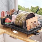 LENND Large Dish Drying Rack - Extendable Dish Rack, Multifunctional Dish Rack for Kitchen Counter, Anti-Rust Drying Dish Rack with Cutlery & Cup Holders